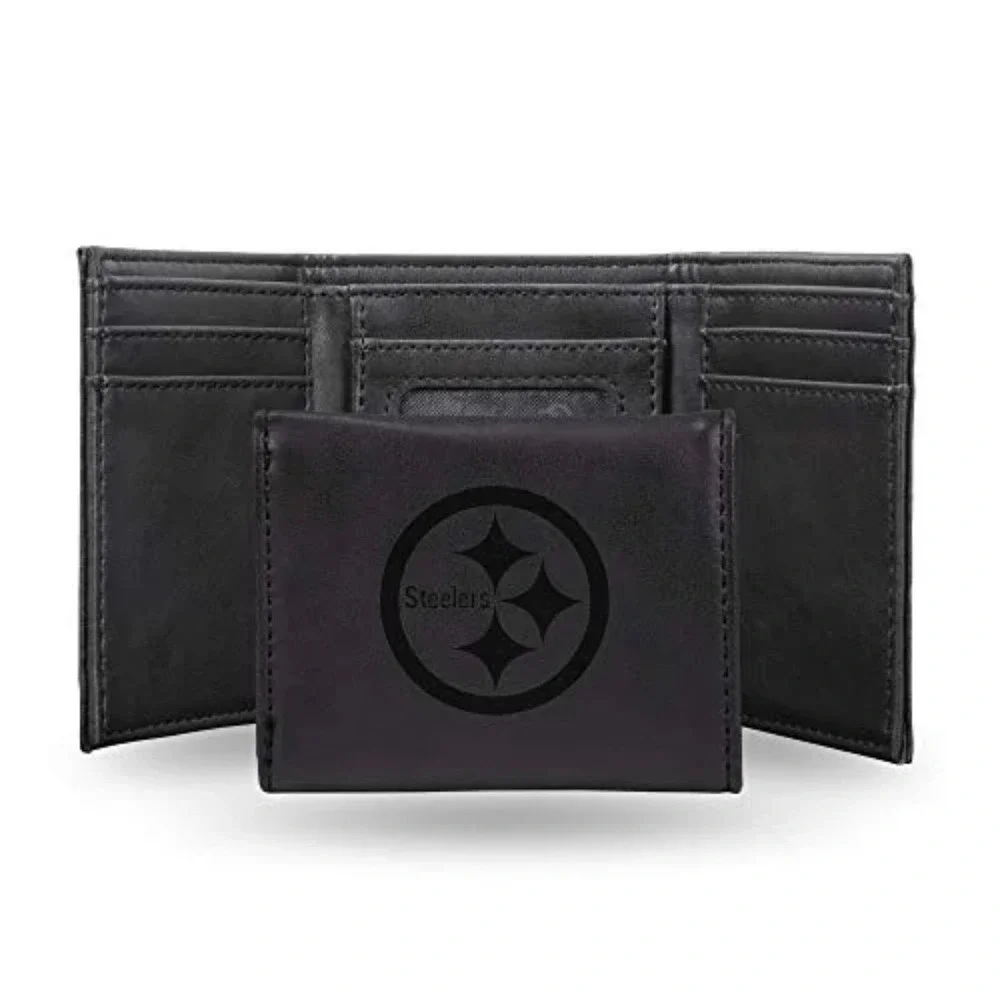 NFL Pittsburgh Steelers Mens Black Trifold Wallet Debossed‎ Logo Faux Leather